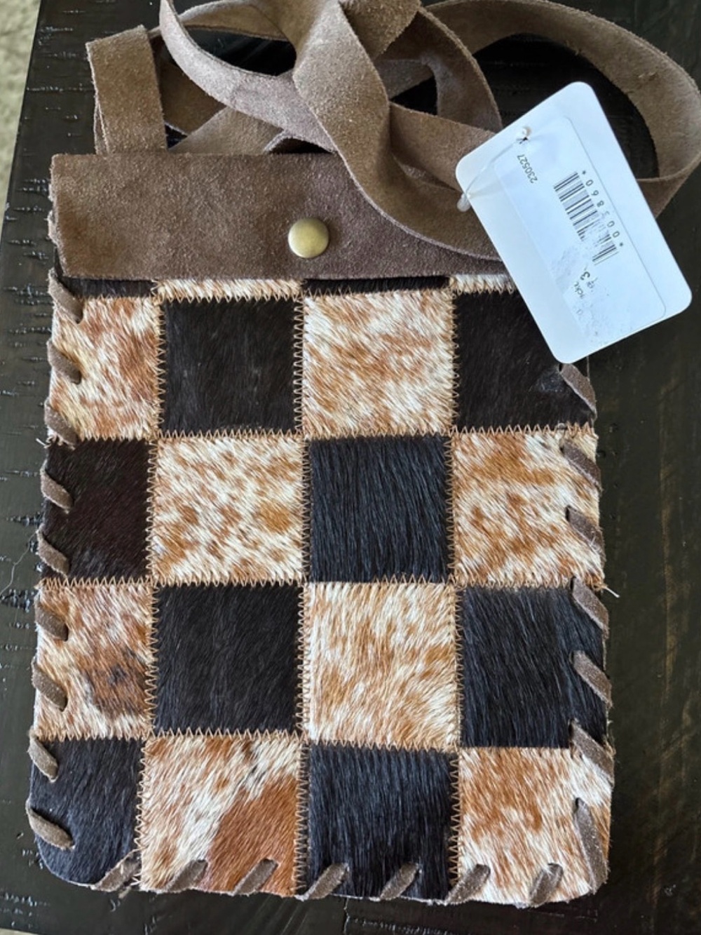 Leather Suede Checkered Crossbody Bag in Brown and Black